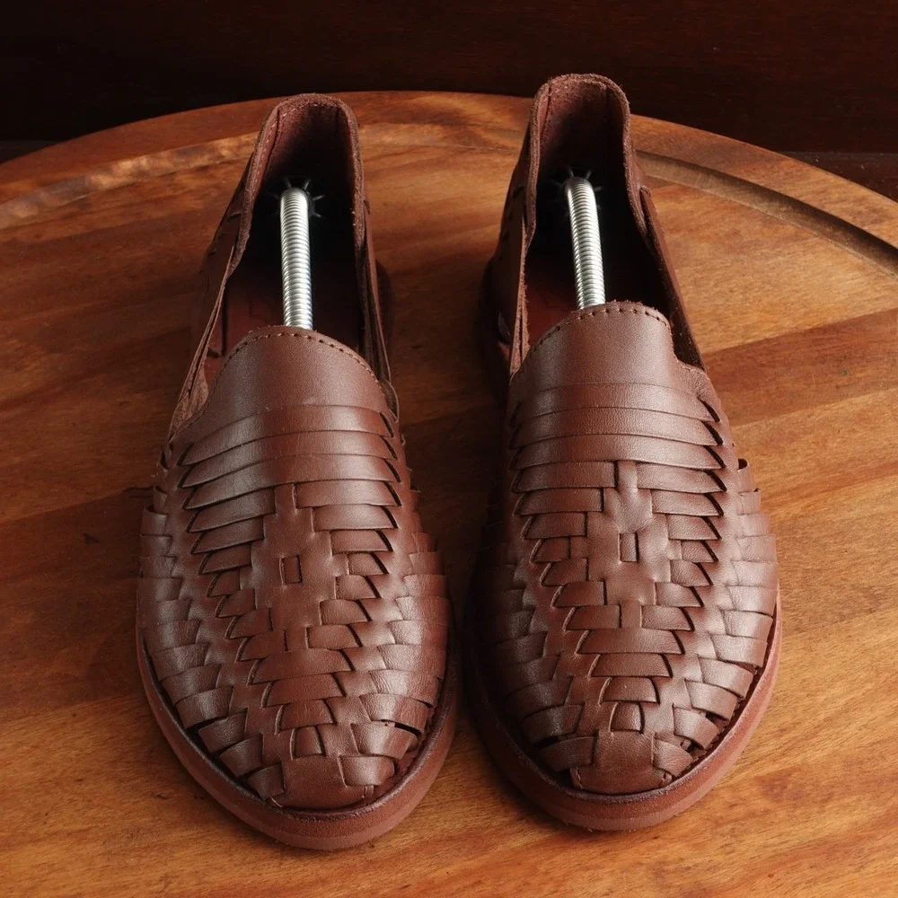Woven Leather Espadrille Flats in Brown